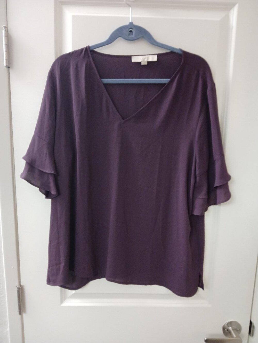 Loft Women's Dark Purple V-neck  Tiered Bell Sleeves Top